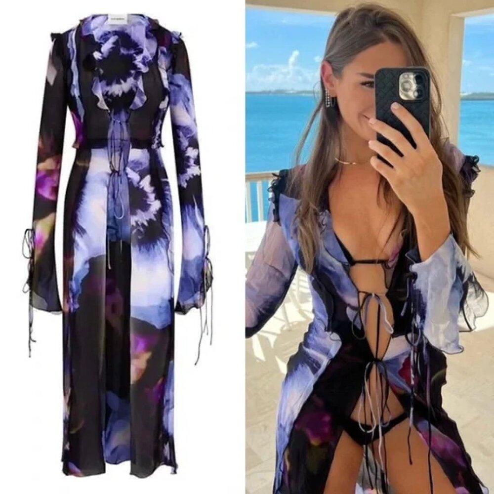 Rat & Boa Purple Black Blue Long Sleeve Sheer Tie-Front Dress